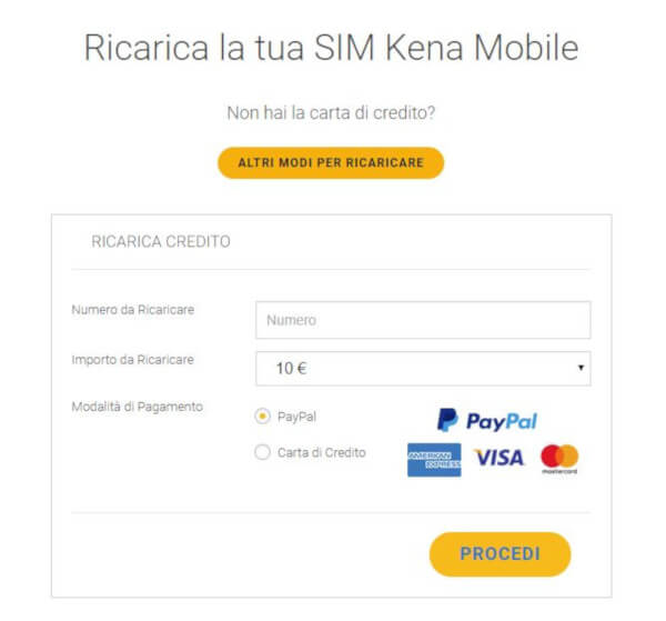 Ricarica Sim Kena Mobile tramite Computer Paypal